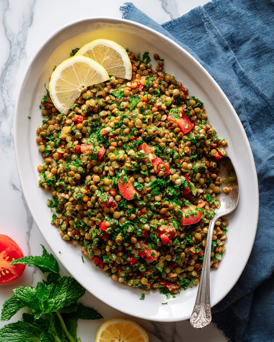 The image shows a white oval dish filled with a colorful lentil salad. The salad has small green lentils mixed evenly with chopped bright green parsley, pieces of red tomato, and small bits of white onion. On top of the salad, near the edge, there are three lemon slices, two grouped on the left side and one on the right. A silver spoon is partially inserted into the salad at the bottom of the dish. The dish sits on a white marbled surface with a blue cloth to the left and fresh vegetables including tomatoes, parsley, and mint scattered around the right side. photo taken with an iphone --ar 4:5 --v 7