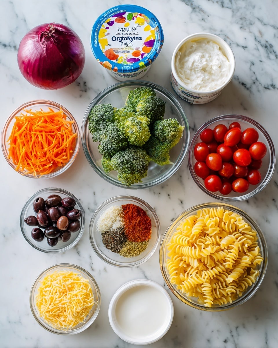 The image shows a white marbled surface with several clear glass bowls arranged neatly, each holding different ingredients. One bowl is filled with yellow cooked rotini pasta at the bottom right. Above it is a bowl with small red cherry tomatoes and next to it, a container of white Greek yogurt with a colorful label reading