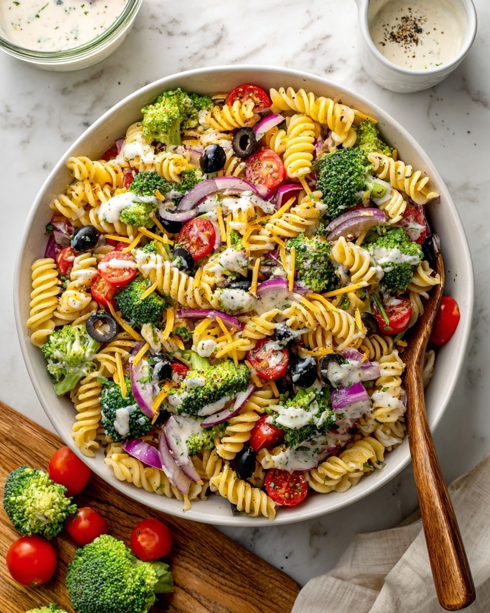 A large white bowl is filled with a colorful pasta salad made of spiral pasta, bright green broccoli florets, halved cherry tomatoes, sliced black olives, shredded orange and yellow cheese, shredded carrots, and finely chopped red onion, all mixed together and topped with a creamy white dressing that is drizzled over the top. The salad shows a mix of textures with the smooth pasta, crunchy vegetables, and creamy dressing. A silver spoon with a wooden handle rests inside the bowl on the right side. The bowl sits on a white marbled surface next to a wooden board holding extra broccoli florets and halved cherry tomatoes, along with a small white jug of dressing and a small clear glass bowl of white creamy sauce. A blue cloth is partly visible on the left side. photo taken with an iphone --ar 4:5 --v 7