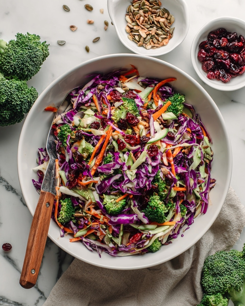 A large white bowl holds a colorful salad made of multiple layers: thin strips of white cabbage and purple cabbage spread evenly, mixed with shredded orange carrots and small green broccoli pieces scattered on top. Dried red cranberries and light brown pine nuts are sprinkled evenly over the salad, adding texture and color. A wooden spoon with a white handle rests inside the bowl, angled to the left. The bowl is placed on a white marbled surface, with a blue and white striped cloth partially visible on the left side. Nearby, two small white dishes hold more pine nuts and dried cranberries, and a small bunch of fresh bright green broccoli sits on the right side of the frame. Photo taken with an iphone --ar 4:5 --v 7