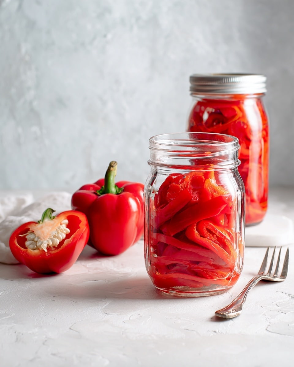 Two clear glass jars filled with roasted red peppers, showing a rich shiny red and orange texture with soft, slightly wrinkled layers tightly packed inside. One jar is open with roasted peppers visible at the top, and the other jar is closed. Next to the jars is a fresh, half red bell pepper with its green stem and white inside visible. The scene is set on a surface with a white marbled texture, and a fork is placed nearby on the right side. Photo taken with an iphone --ar 4:5 --v 7