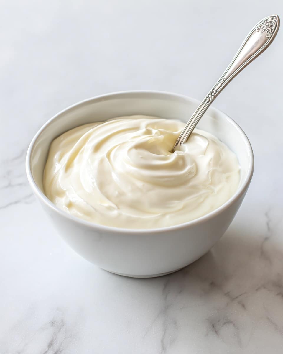 A round bowl with a light outer edge filled with smooth, creamy, off-white yogurt. The yogurt has soft folds and a slightly shiny texture on top. A silver spoon with a decorative, round handle is placed inside the bowl, resting on the yogurt near the right side. The bowl is set on a white marbled surface. photo taken with an iphone --ar 4:5 --v 7