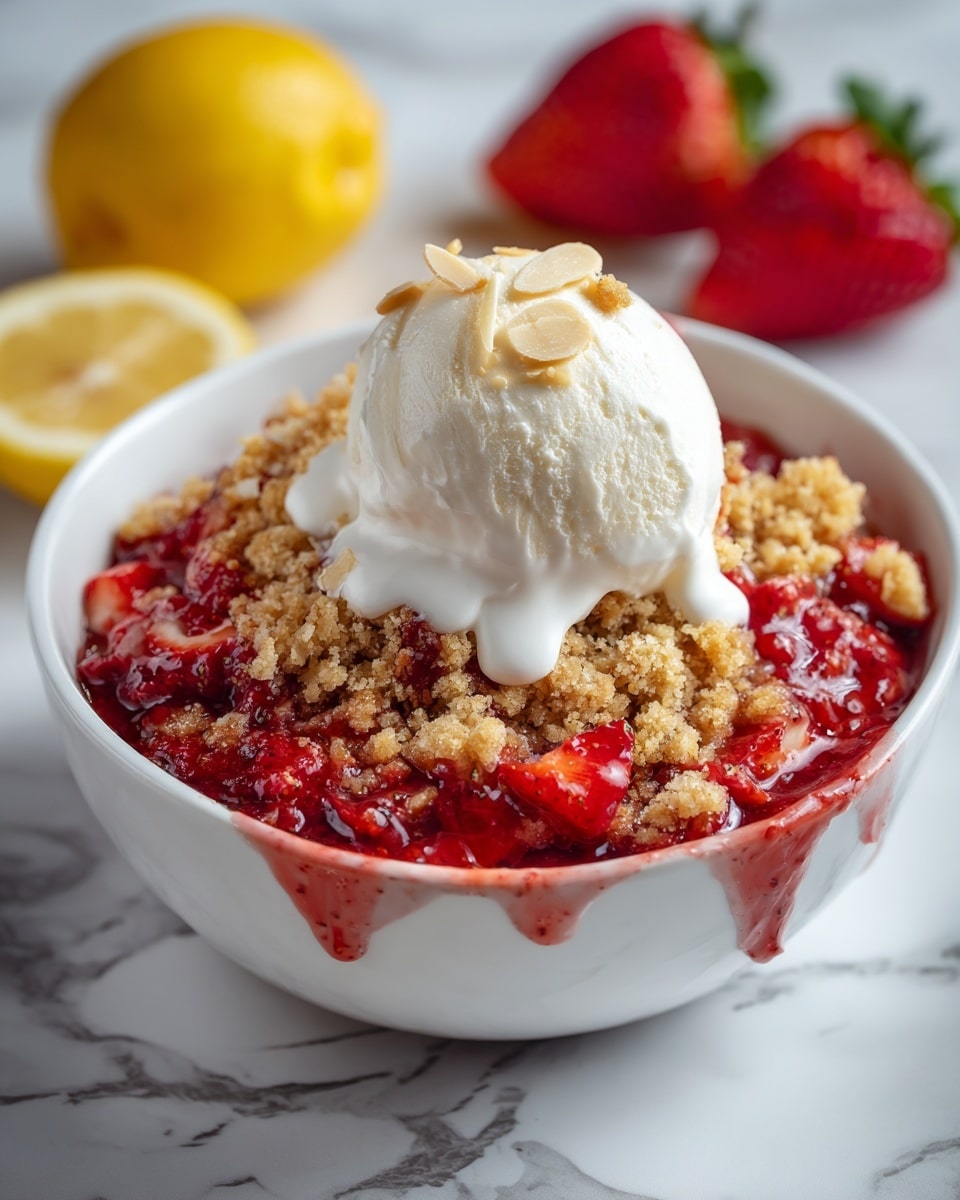The image shows a white bowl filled with a three-layer dessert. The bottom layer is a chunky, bright red strawberry mixture with visible strawberry pieces. Above that is a crumbly, light brown layer that looks like a crunchy topping. On top, there is a round scoop of white ice cream slightly melting, with white sauce drizzled around it. The bowl is placed on a blue surface, with a whole strawberry near the bottom edge and blurred lemon and strawberry pieces in the background. Photo taken with an iphone --ar 4:5 --v 7