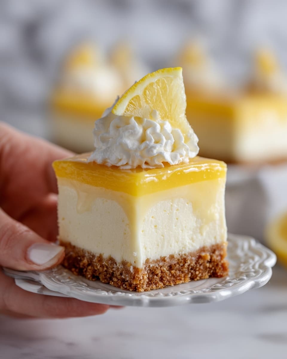The image shows a slice of lemon cheesecake being held by a woman's hand over a white marbled surface. The cheesecake has three clear layers: a thick brown crumbly crust at the bottom, a thick creamy white cheesecake layer in the middle, and a smooth bright yellow lemon topping on top. The slice is decorated with a dollop of white whipped cream and a small triangle of lemon on top, positioned near the edge. The background is soft-focused with light blue and yellow tones. photo taken with an iphone --ar 4:5 --v 7