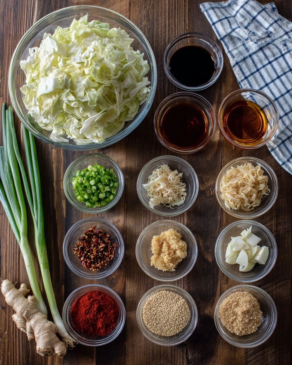 A clear glass bowl filled with large, pale yellow chopped cabbage pieces sits at the top center of the image. To the right of the bowl, two small clear glass bowls hold dark brown and light brown liquids. Below these, a neat row of smaller clear glass bowls contains chopped green onions, small red chili flakes, and beige sesame seeds, each evenly spaced. Further down, more small glass bowls display light brown minced ginger, pale yellow minced garlic, and a clear liquid, arranged horizontally. At the bottom row, three more bowls contain bright red powder, coarse brown sugar, and a dark thick sauce. Two fresh green onions lie on the wooden surface, one on the left and one on the right of the bowls. A white and blue checkered towel rests at the top right corner. All items are placed on a dark wooden surface. photo taken with an iphone --ar 4:5 --v 7