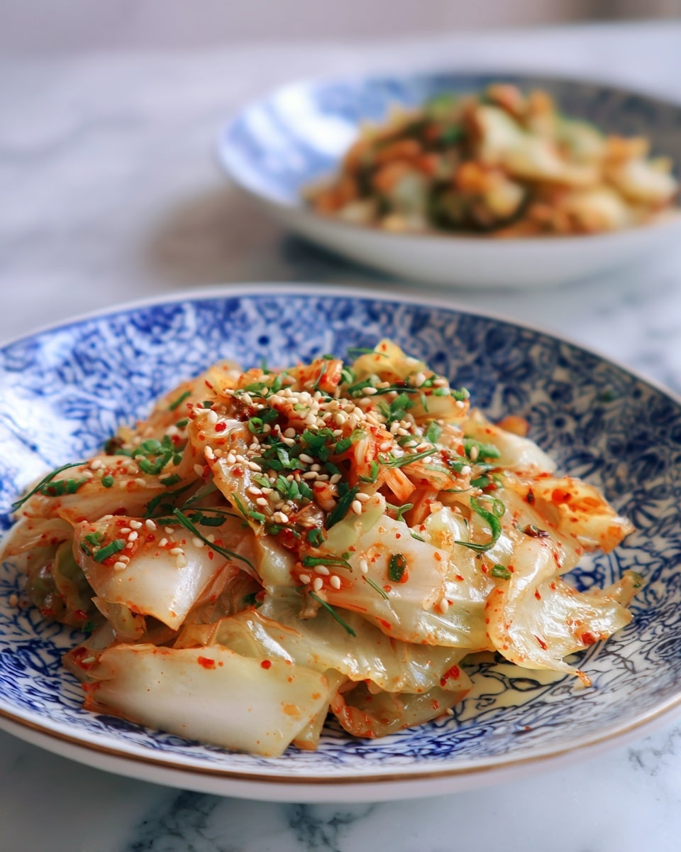This image shows a white plate full of cooked kimchi with napa cabbage pieces that are light orange and white, mixed with small green bits of chopped chives and sprinkled with white sesame seeds. The kimchi looks soft and slightly wet, spread evenly across the plate with some folds. The plate is set on a white marbled surface with another similar plate blurred in the background. Photo taken with an iphone --ar 4:5 --v 7