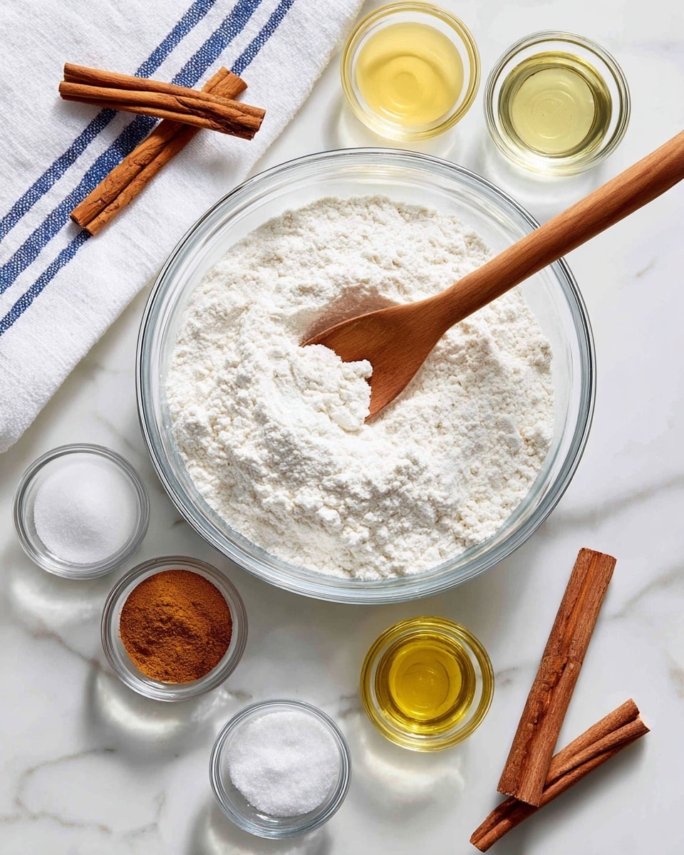 A clear glass bowl filled with a thick layer of white flour has a wooden spoon resting inside it, scooping some flour. Around the bowl are five small clear glass bowls containing various ingredients: a pale yellow liquid oil, bright white sugar, white salt, light brown cinnamon powder, and a small amount of white solid fat. Two cinnamon sticks lie diagonally near the top left behind a white towel with blue stripes, and another cinnamon stick is placed near the bottom right. The surface is a white marbled texture. photo taken with an iphone --ar 4:5 --v 7