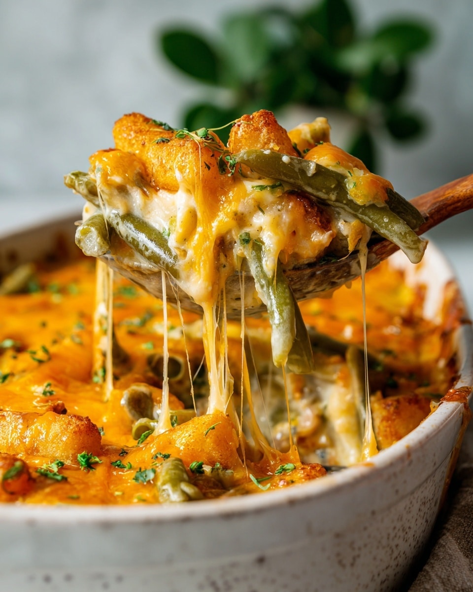 A close-up view of a fork holding a layered bite with three golden-brown crispy tater tots on top sprinkled with small green herbs; below them is a bright, melted yellow cheese layer that drips slightly with smooth texture; beneath the cheese is a mix of light-colored sauce with small dark bits and short green vegetable pieces arranged evenly; the background shows more crispy tater tots surrounding the fork on a white marbled surface, with green blurred leaves in the distance, photo taken with an iphone --ar 4:5 --v 7