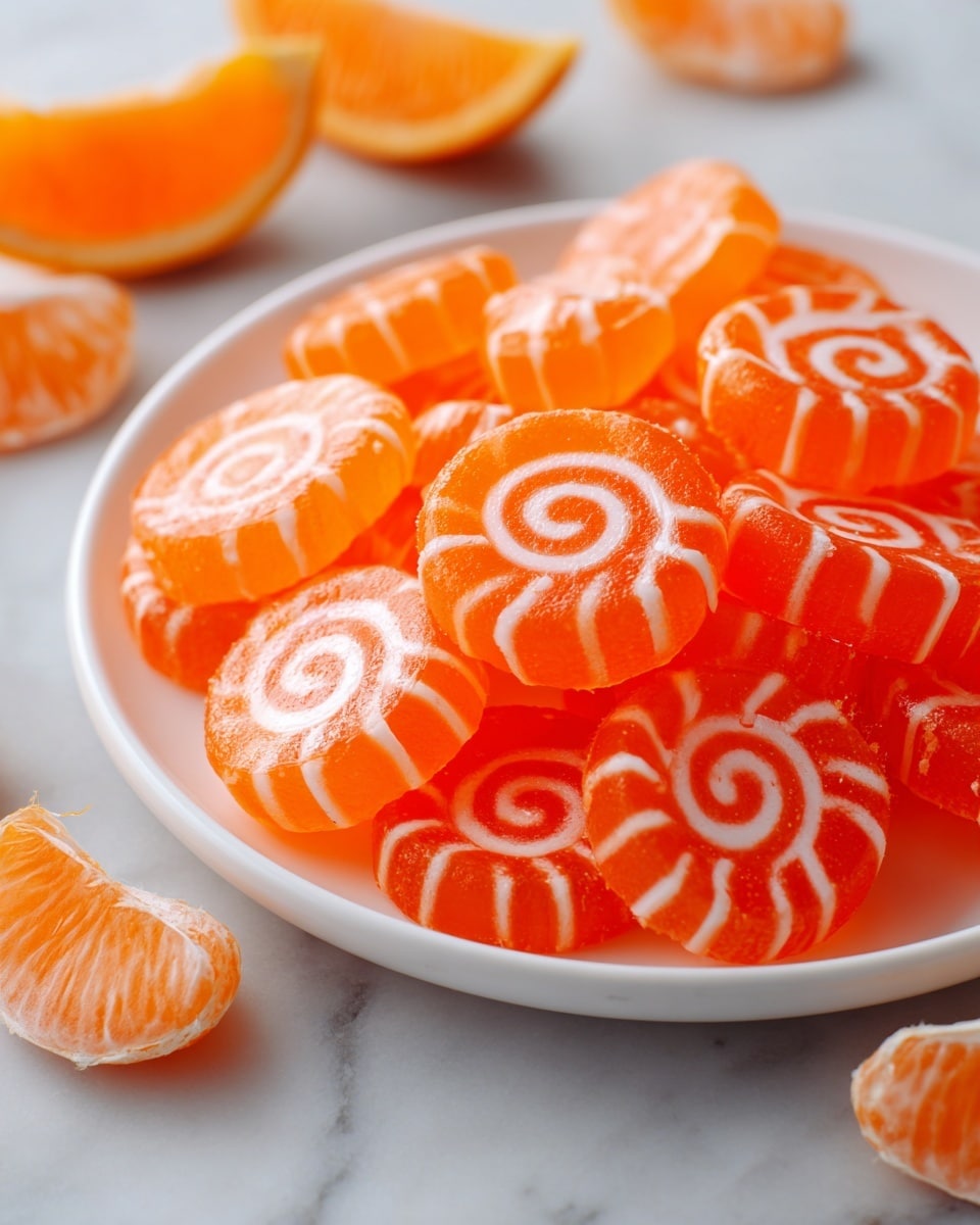 The image shows a white plate filled with several round orange jelly swirls stacked on top of each other. Each jelly swirl is a bright orange color with a white spiral line inside, creating a layered effect. The jelly looks shiny and soft, with a light dusting of sugar or powder on some parts showing a slight texture. Around the plate are peeled orange slices and an orange wedge, placed on a white marbled surface. The overall color scheme is bright orange against a clean white background showing fresh and sweet elements. photo taken with an iphone --ar 4:5 --v 7