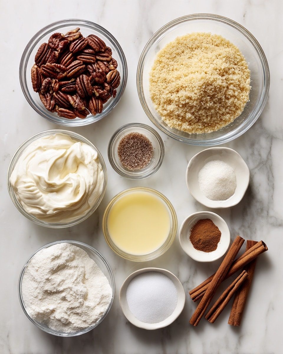 A collection of clear glass bowls arranged neatly on a white marbled surface, each holding different ingredients: one bowl filled with dark brown pecans, another large bowl full of fine, light golden brown crumbs, a large bowl with soft white whipped cream, a smaller bowl with light yellow liquid, a bowl with pure white granulated sugar, and several tiny bowls holding brown spice powders and a white powder. Two cinnamon sticks are placed on the surface for decoration, and all ingredients are spaced evenly to show each clearly, photo taken with an iphone --ar 4:5 --v 7