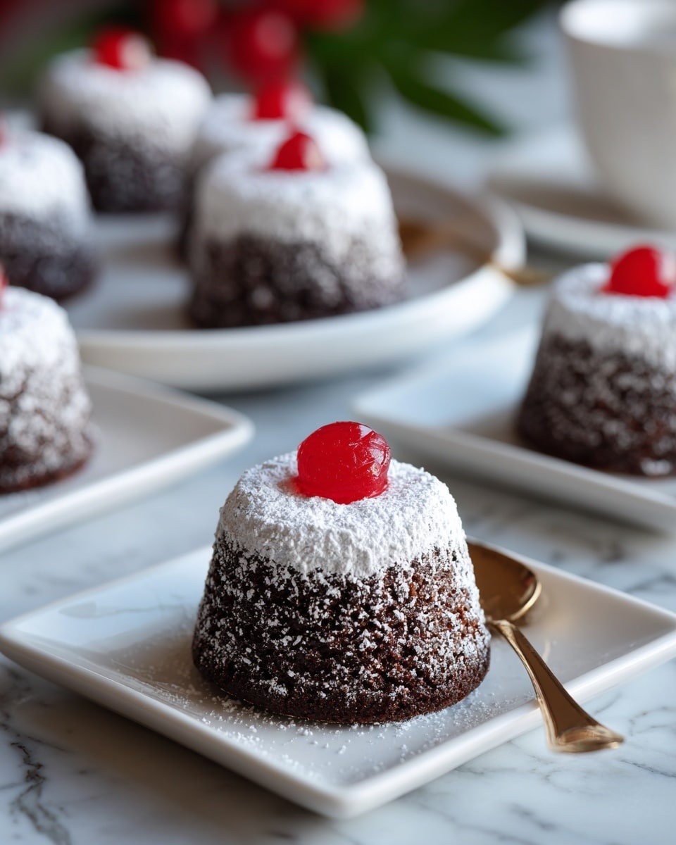 A small dome-shaped chocolate dessert sits centered on a white plate with a smooth texture; the dessert’s bottom layer is dark brown and slightly porous, topped with a white powdered sugar layer that covers about half the dome, with a small glossy red cherry-like spot at the top center. In the background, several similar desserts are on another white plate, all with the same powdered sugar layer. To the right side of the main dessert on the plate lies a small shiny gold spoon. The surface below the plate is white with a marbled texture, and the scene is bright with soft natural light. Photo taken with an iphone --ar 4:5 --v 7