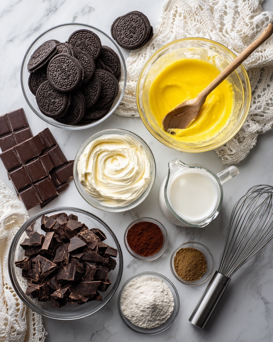 A white marbled surface displays several clear glass bowls filled with ingredients: a large bowl full of whole chocolate sandwich cookies, a medium bowl of bright yellow melted butter, a medium bowl containing smooth white cream with a wooden spoon inside, and a medium bowl filled with uneven chunks of dark chocolate. Scattered around are smaller clear bowls containing white sugar, cocoa powder, ground spices in shades of brown, and a small amount of vanilla extract in a glass bowl. A glass measuring cup is filled with cream or milk and next to it is a metal whisk. A white lace cloth and two packs of chocolate sandwich cookies are partially visible at the edges. Photo taken with an iphone --ar 4:5 --v 7