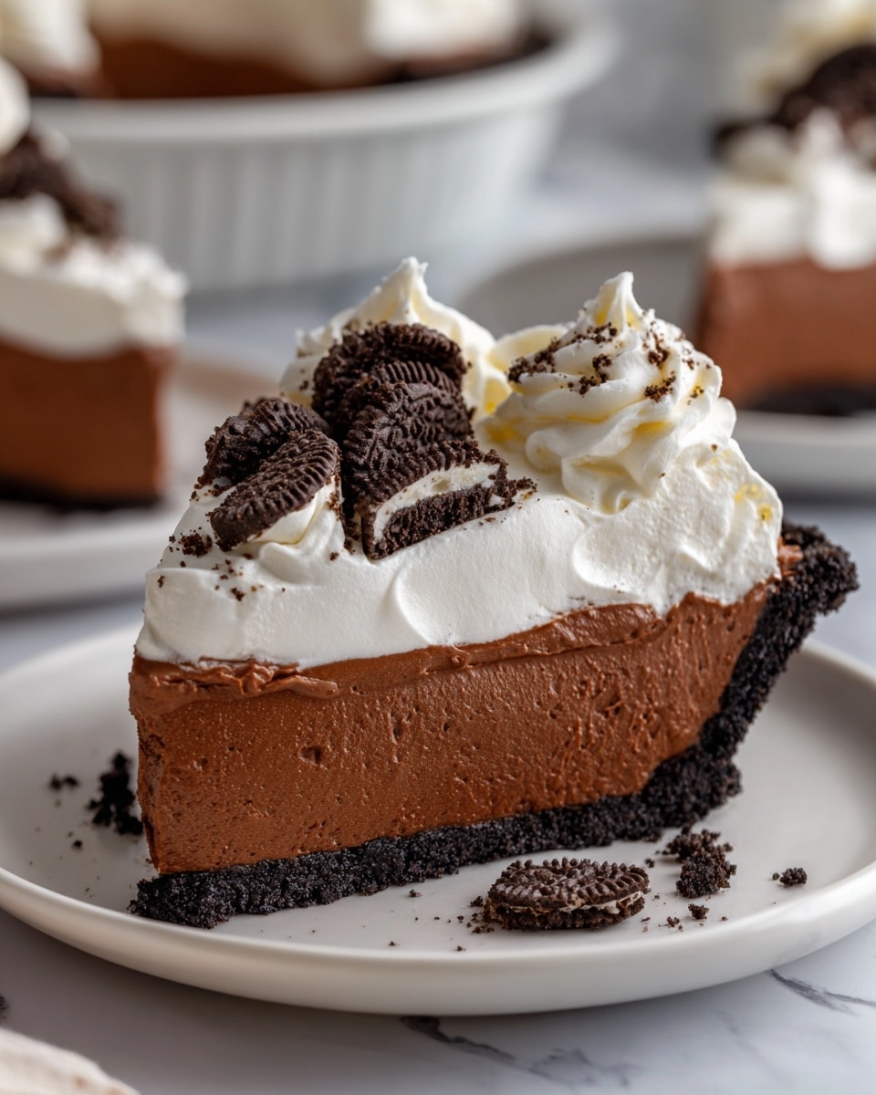 The image shows a slice of pie on a white plate with a white marbled texture underneath. The pie has three visible layers: a dark crumbly chocolate cookie crust at the bottom, a thick smooth milk chocolate filling in the middle, and a fluffy white whipped cream topping on top. The whipped cream is decorated with pieces of dark chocolate cookie, some larger chunks and some crumbs scattered around the plate. The colors are mainly dark brown, white, and black with a soft texture contrast between the creamy filling and the crumbly crust and toppings. Photo taken with an iphone --ar 4:5 --v 7