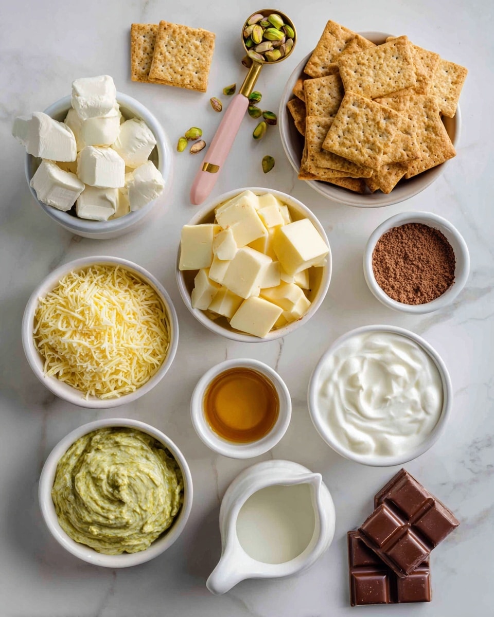 The image shows several small clear bowls and a white measuring cup placed on a white marbled surface. There is a bowl filled with square toasted biscuits stacked in the top right corner, nearby a gold and pink measuring spoon has green pistachio nuts. Below the biscuits is a bowl of large chunks of butter, and next to it bottom right is a bowl filled with square pieces of milk chocolate. Below the butter is a bowl full of fine yellow shredded cheese, and at the bottom center is a bowl with smooth green cream or paste. Near this is a small bowl of golden syrup, and a white measuring cup filled with milk is next to it. Above the butter is a small bowl of light brown smooth paste, beside it is a small bowl with cocoa powder, and next to that is a small bowl with white cream or milk. Scattered around the bowls and measuring cup are more toasted biscuits and some pistachio nuts in a white dish. All items are arranged neatly with a woman’s hand holding one biscuit on the left edge. The photo taken with an iphone --ar 4:5 --v 7