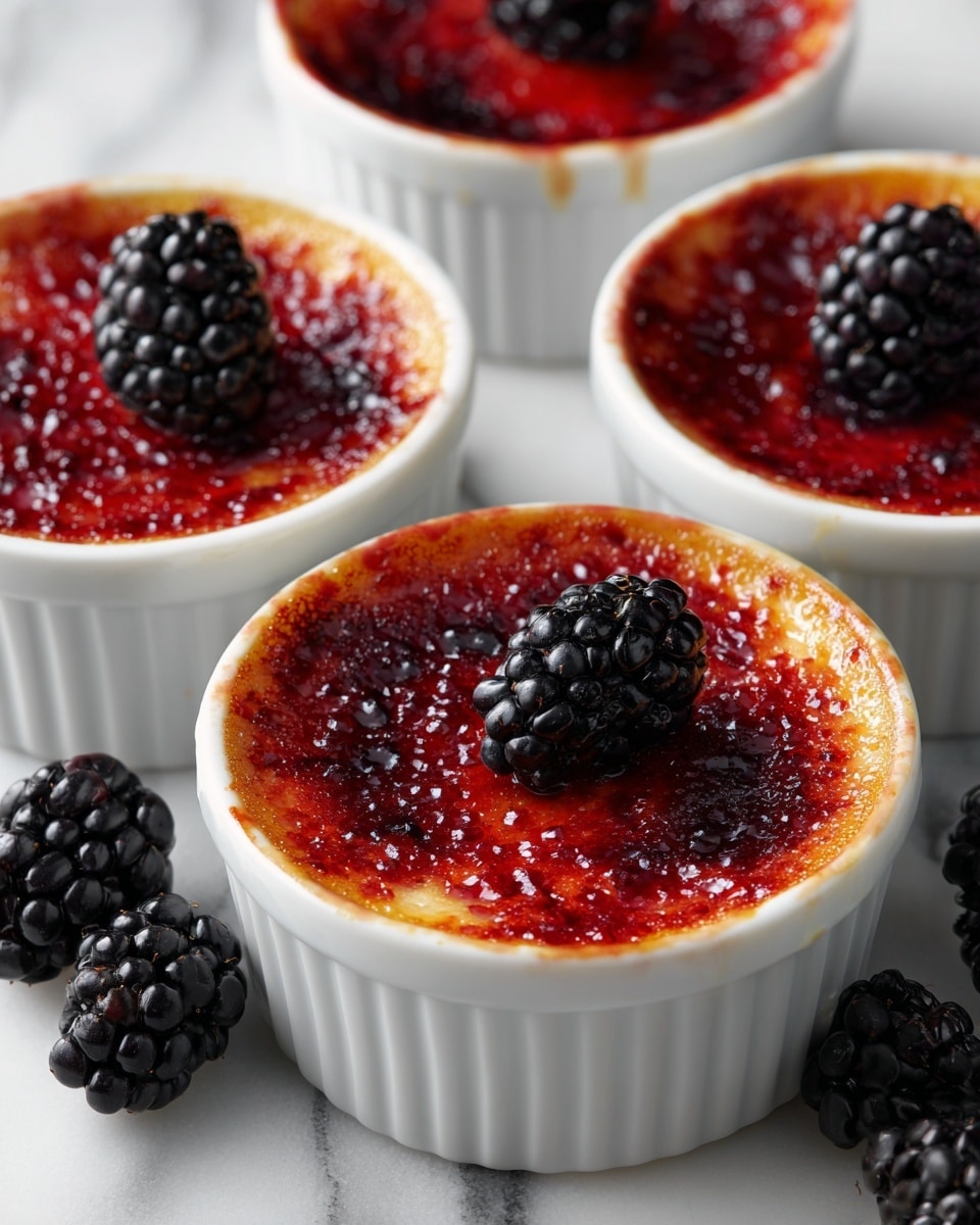 The image shows four white ramekins each filled with a dessert topped with a shiny, burnt red caramelized layer that has dark brown and deep red spots. Each ramekin features a single dark purple blackberry placed at the center on top of the caramelized layer. The ramekins are placed on a white marbled surface, and there are a few additional blackberries scattered around them. The overall look is vibrant with the contrast between the bright red caramelized tops and the dark blackberries highlighted against the white ramekins and white marbled background. photo taken with an iphone --ar 4:5 --v 7