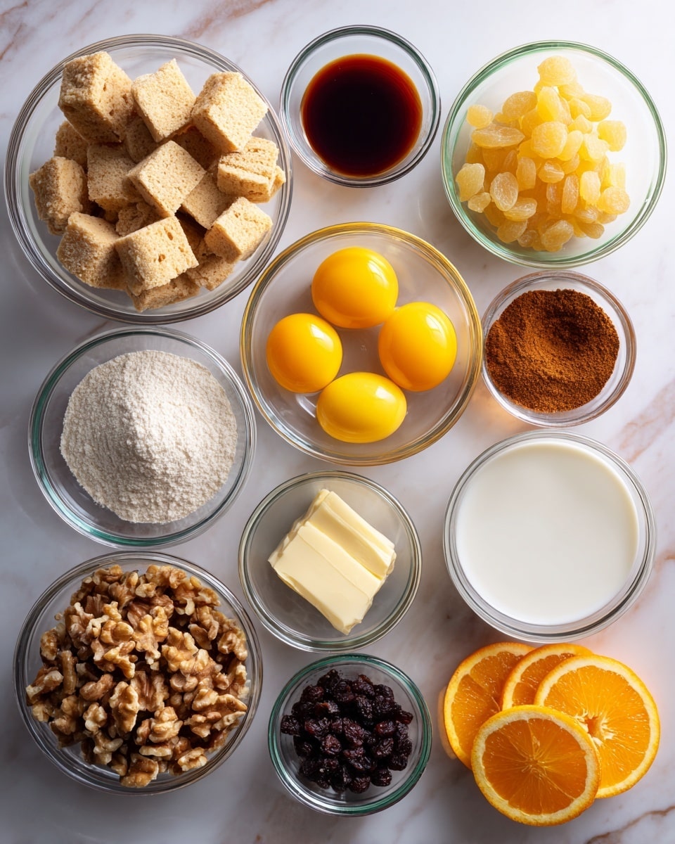 A top-down view of clear glass bowls arranged on a white marbled surface containing different cooking ingredients: large cubed pieces of light beige bread in one bowl; golden yellow raisins; two bright yellow eggs; dark brown chopped nuts; small chunks of pale yellow butter; white liquid, likely milk, filling one bowl; brown sugar with a crumbly texture; dark amber vanilla extract; dark reddish-brown ground spice; bright orange zest; white coarse salt; and orange slices placed nearby. The bowls and orange slices are neatly organized in rows. photo taken with an iphone --ar 4:5 --v 7