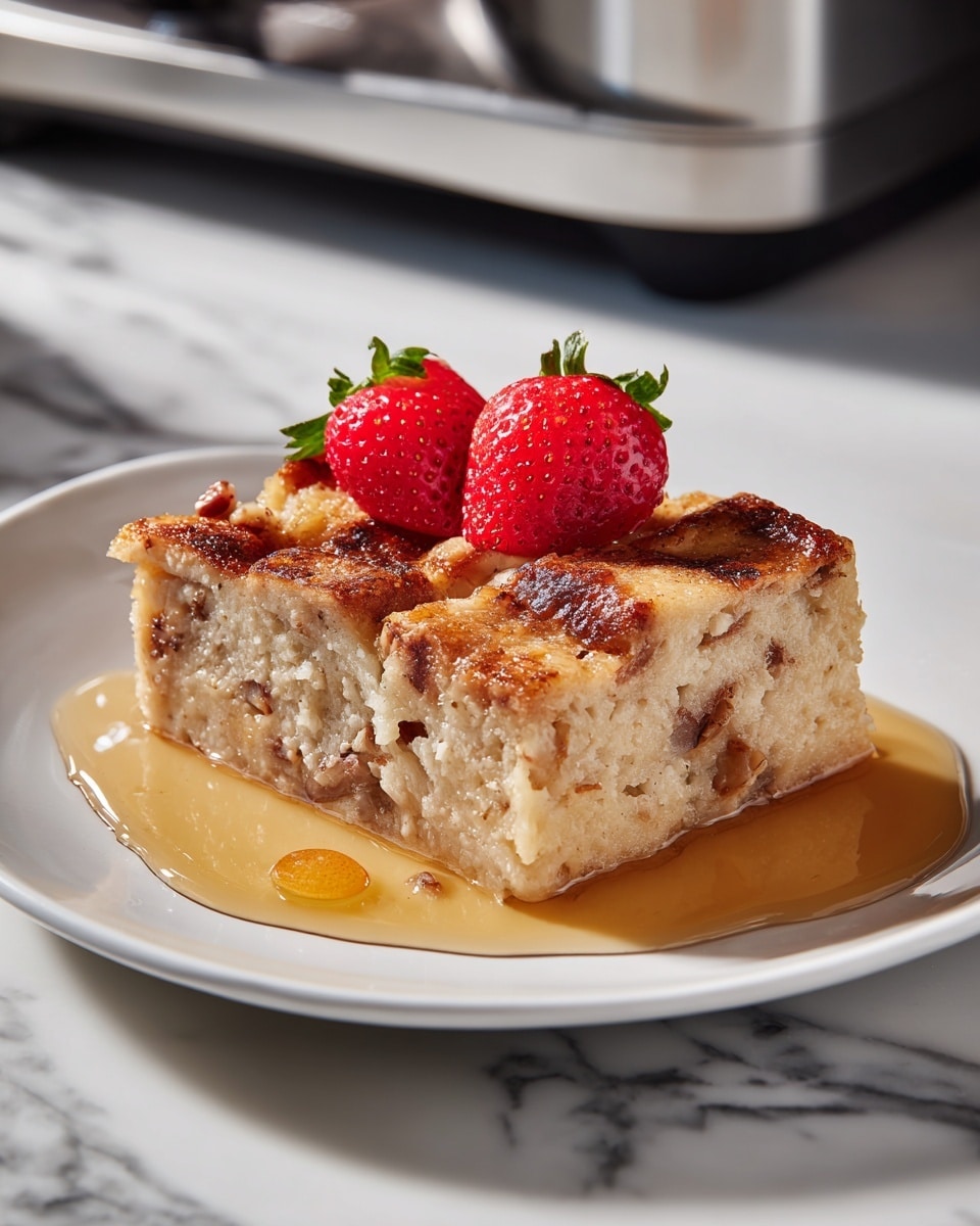 A thick square slice of bread pudding sits on a white plate with a slightly glossy, light brown top layer made of caramelized bread pieces mixed with nuts, giving a chunky texture. The middle layer is soft and moist with a pale yellow custard soaked into the bread, showing some small nut pieces inside. On top, two bright red strawberry halves with green stems add a fresh pop of color, while a light yellow syrup pools gently around the base of the slice on the plate. The background is a white marbled texture with some blurred objects. Photo taken with an iphone --ar 4:5 --v 7