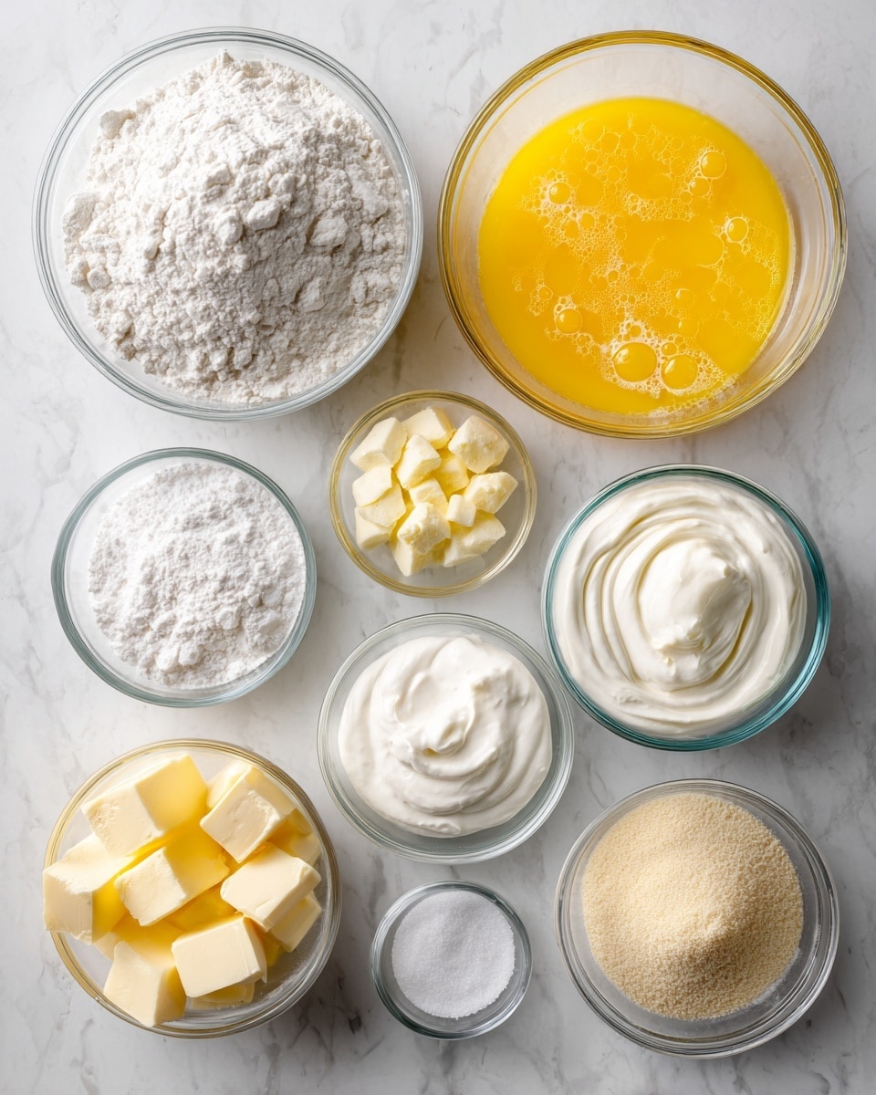 A top-down view of several clear glass bowls arranged on a white marbled surface, each containing different baking ingredients. The largest bowl holds white flour with a slightly powdery texture, positioned towards the upper left. Below it is a medium bowl with bright yellow beaten eggs showing some bubbles. To the right of the flour, there are three medium-sized bowls: one with thick white cream, one with smooth sour cream, and one with fine white sugar grains. Near the bottom left corner, a small bowl contains small cubes of pale yellow butter. Two smaller bowls hold a fine white powder and beige dry yeast granules. The colors range from white, yellow, and light beige, and the glass bowls create a clean clear look. Photo taken with an iphone --ar 4:5 --v 7