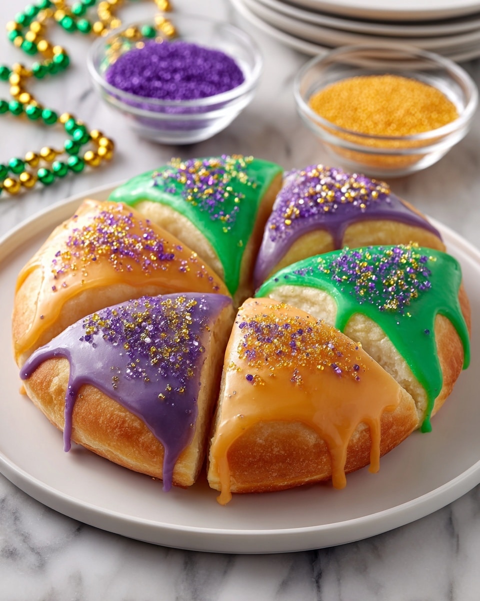 The image shows a large round cake with three thick icing layers spread in sections on top. The icing layers are colored green, purple, and light orange, each dripping slightly over the edges of the golden-brown cake. The green and purple icings have a shiny smooth texture with sprinkled colored sugar on top, while the light orange icing also has a sparkling sugar topping. In the background, there are three small white bowls filled with green, purple, and orange sugar. The cake sits on a white plate on a white marbled surface, with strands of green and orange beads scattered near it. Photo taken with an iphone --ar 4:5 --v 7