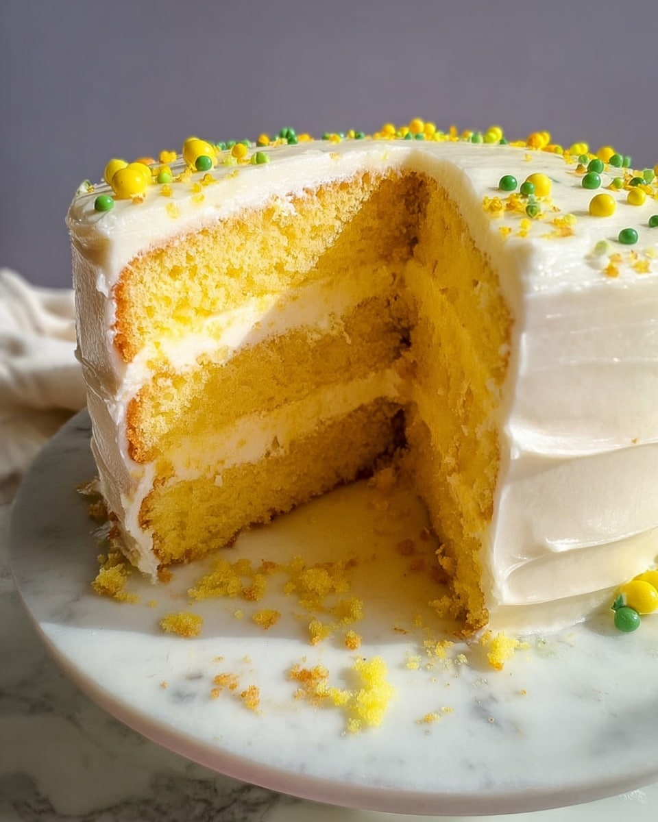 The image shows a three-layer yellow cake with white frosting between each layer and covering the outside. The cake is round and sitting on a white plate with a white marbled surface underneath. Small yellow and green frosting dots decorate the top of the cake. A slice is missing, revealing the soft, crumbly texture of the yellow cake and creamy frosting inside. There are some crumbs and bits of frosting left on the plate. Photo taken with an iphone --ar 4:5 --v 7