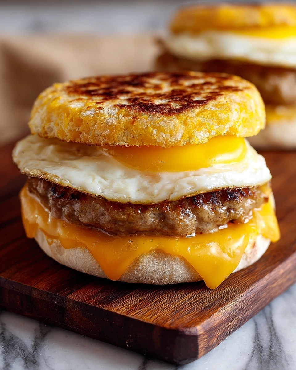 The image shows a sandwich with three layers inside a lightly toasted English muffin covered with yellow cornmeal on top. The bottom layer is a light brown grilled patty, the middle layer is a thick, pale yellow egg patty, and the top layer is a slice of bright orange melted cheese that drapes over the egg. The sandwich is placed on a wooden board with another similar sandwich blurred in the background, all set on a white marbled texture. Photo taken with an iphone --ar 4:5 --v 7