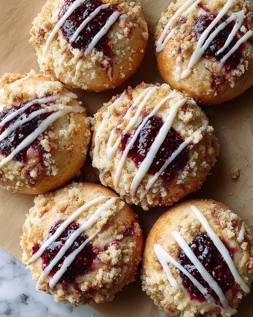 The image shows seven round pastries arranged closely on parchment paper over a white marbled surface. Each pastry has three layers: a golden-brown dough base with a soft, shiny texture; a center filled with either bright red or dark purple jam that is shiny and slightly thick; and a light brown crumbly topping scattered around the jam center and edges. The pastries are drizzled with white icing in loose diagonal lines, creating a contrast against the warm colors of the dough and jam. Some icing has also spilled onto the parchment paper, adding a casual look. photo taken with an iphone --ar 4:5 --v 7