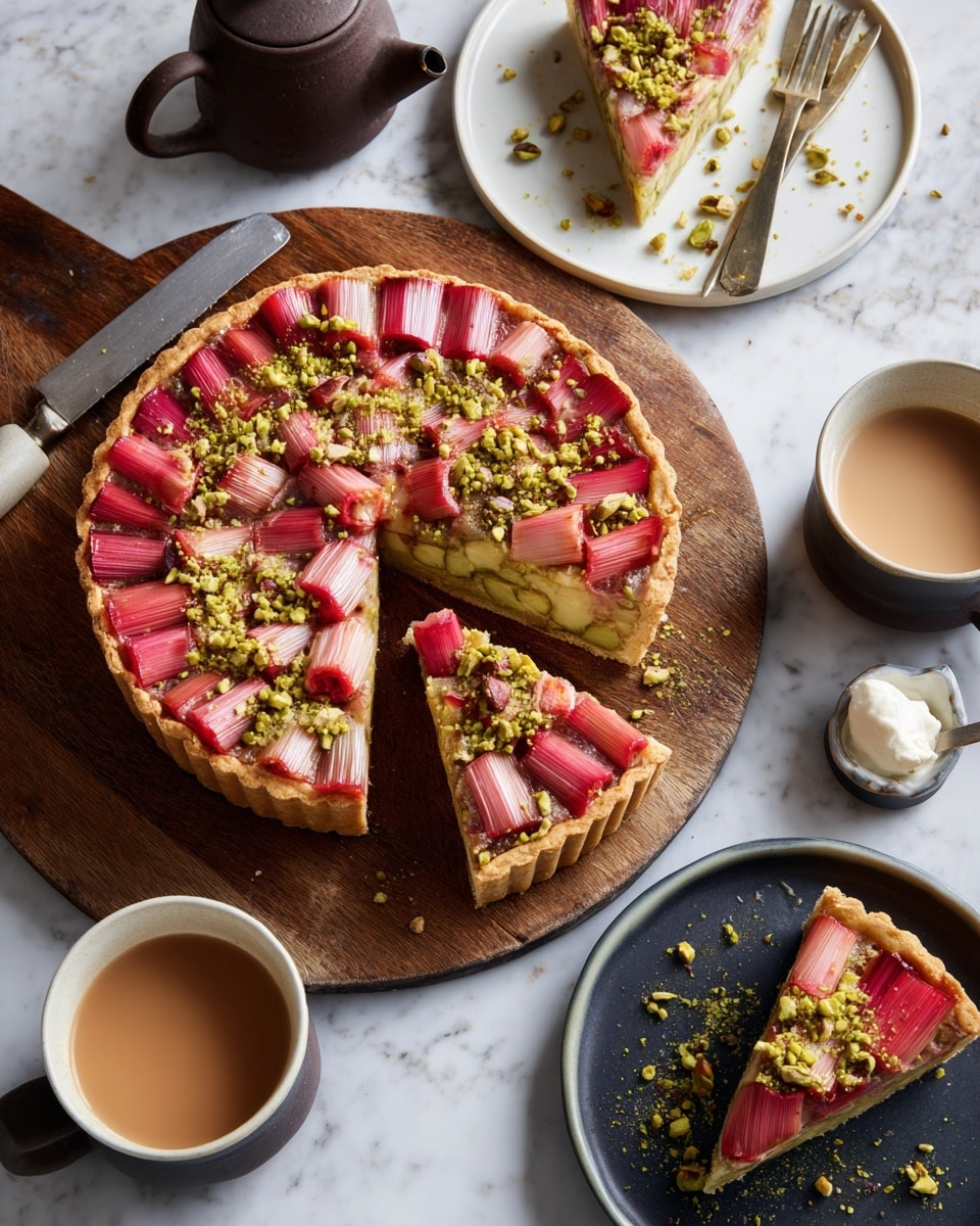 A round tart with a golden brown crust and a filling made of pink and light red rhubarb pieces arranged in a geometric pattern on top, sprinkled with green pistachio nuts. One slice is taken out and placed to the side, showing a light brown inside layer below the rhubarb. The tart sits on a wooden board, surrounded by three black plates, one with a slice of tart and a fork, another with a piece of tart topped with white cream and pistachios, and the last one holding loose pistachio nuts. Two cups of light brown tea and a dark brown textured teapot are also on the wooden surface. A knife with a wooden handle rests beside the tart. The whole scene has a warm and cozy feel. Photo taken with an iphone --ar 4:5 --v 7