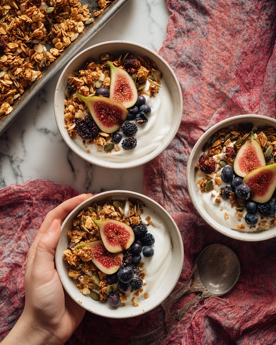 The image shows three white bowls filled with layers of creamy white yogurt as the base, topped with a thick layer of golden brown granola that has visible seeds and oats. On one side of each bowl, there are fresh dark blue blueberries clustered together, and on top of the granola near the fruit are two slices of fresh figs with reddish-pink insides and green edges. One woman's hand is holding one of the bowls from the side. Behind the bowls, there is a silver tray filled with more granola. The bowls are placed on a red and light pink cloth with a white marbled surface underneath. Photo taken with an iphone --ar 4:5 --v 7