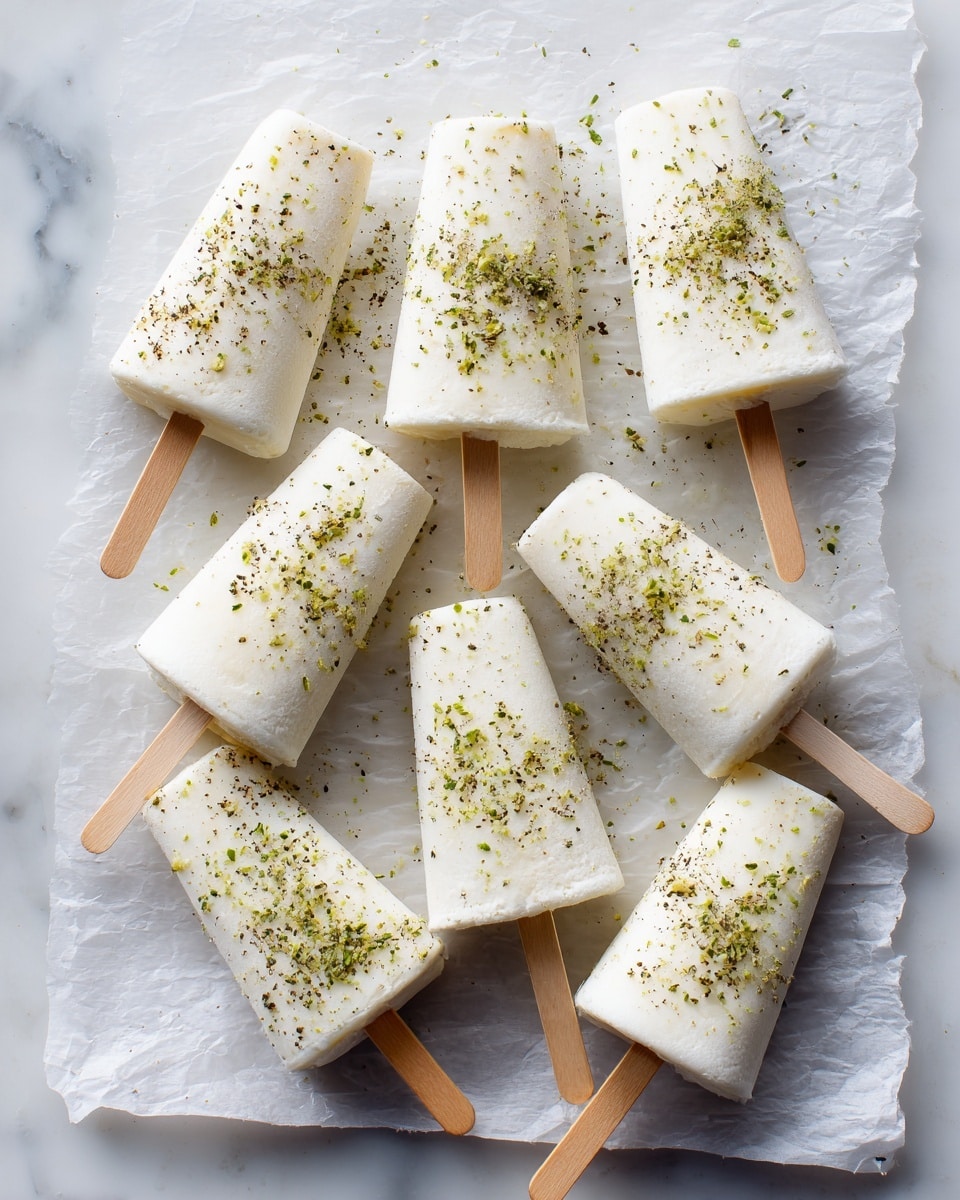 The image shows eight white popsicles arranged in two rows on a piece of brown parchment paper over a white marbled surface. Each popsicle is shaped like a long cone with a wooden stick inserted at the wide end. The popsicles are sprinkled with a green powder, likely matcha, scattered unevenly on the popsicles and the parchment paper. The popsicles have a smooth texture and are evenly spaced, starting from the top left and spreading diagonally towards the bottom right. The overall color palette is soft with white, light green, and brown tones. Photo taken with an iphone --ar 4:5 --v 7