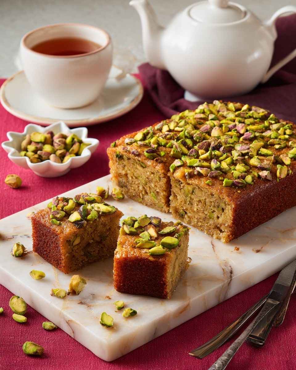 A square golden brown cake with a rough texture is topped with chopped green pistachios spread evenly across the surface. Three pieces have been cut from the cake showing a soft and moist interior with a light greenish tone. The cake sits on a white wooden board that has some pistachio bits scattered around it. In the background, there is a white teapot and a white cup filled halfway with light brown tea or coffee. A small white bowl with more chopped pistachios is placed beside the cake on a white marbled background with a pink cloth and a white plate with a fork nearby. Photo taken with an iphone --ar 4:5 --v 7