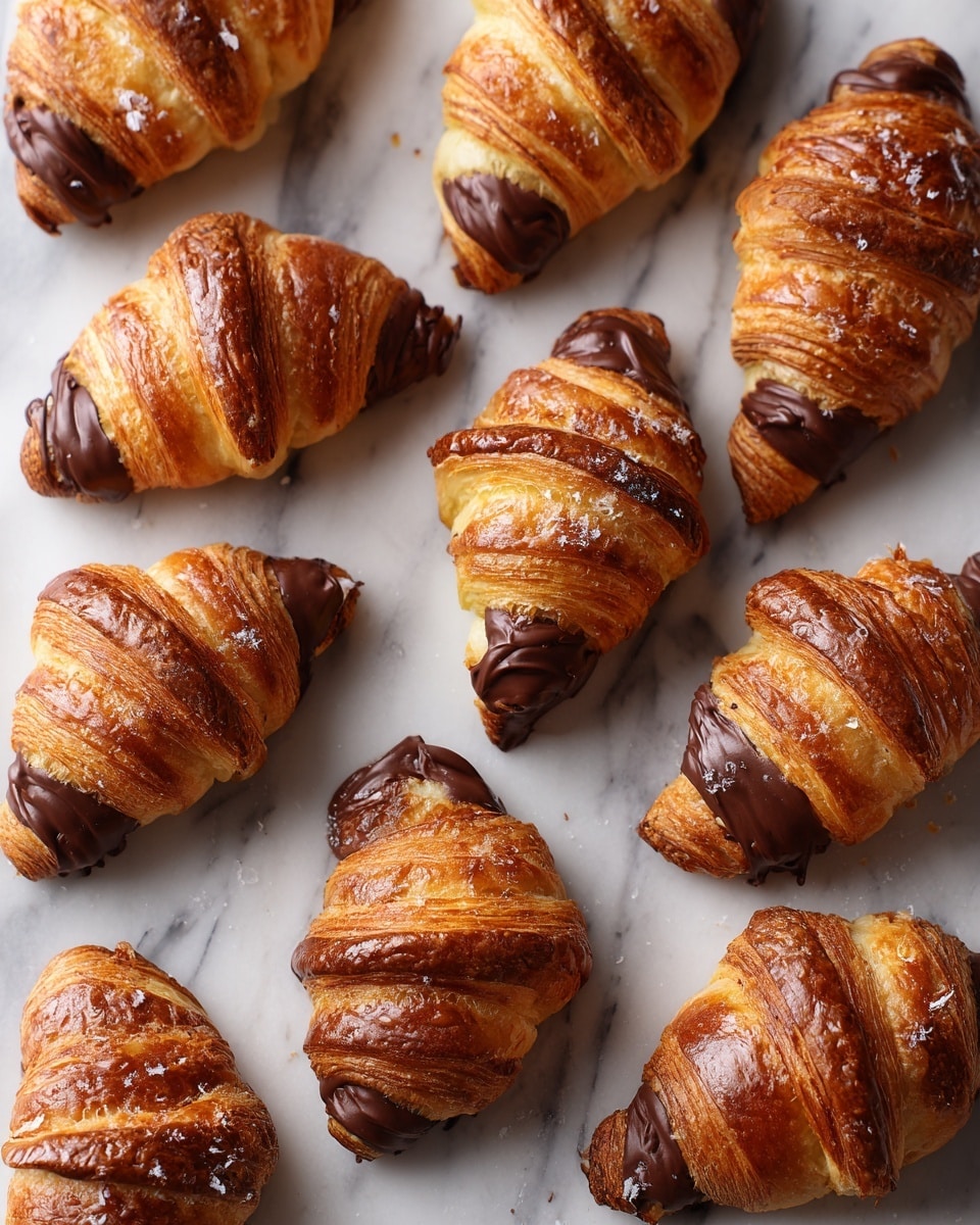 The image shows twelve small croissants arranged on a white marbled surface. Each croissant has visible alternating layers of light golden brown pastry and dark chocolate filling spiraled throughout, with a shiny, slightly glossy texture on the golden layers. The croissants vary slightly in size and shape but all have a fluffy, flaky appearance with the rich chocolate layers peeking through. The light contrasts with the dark fillings, making the layers clear and distinct photo taken with an iphone --ar 4:5 --v 7