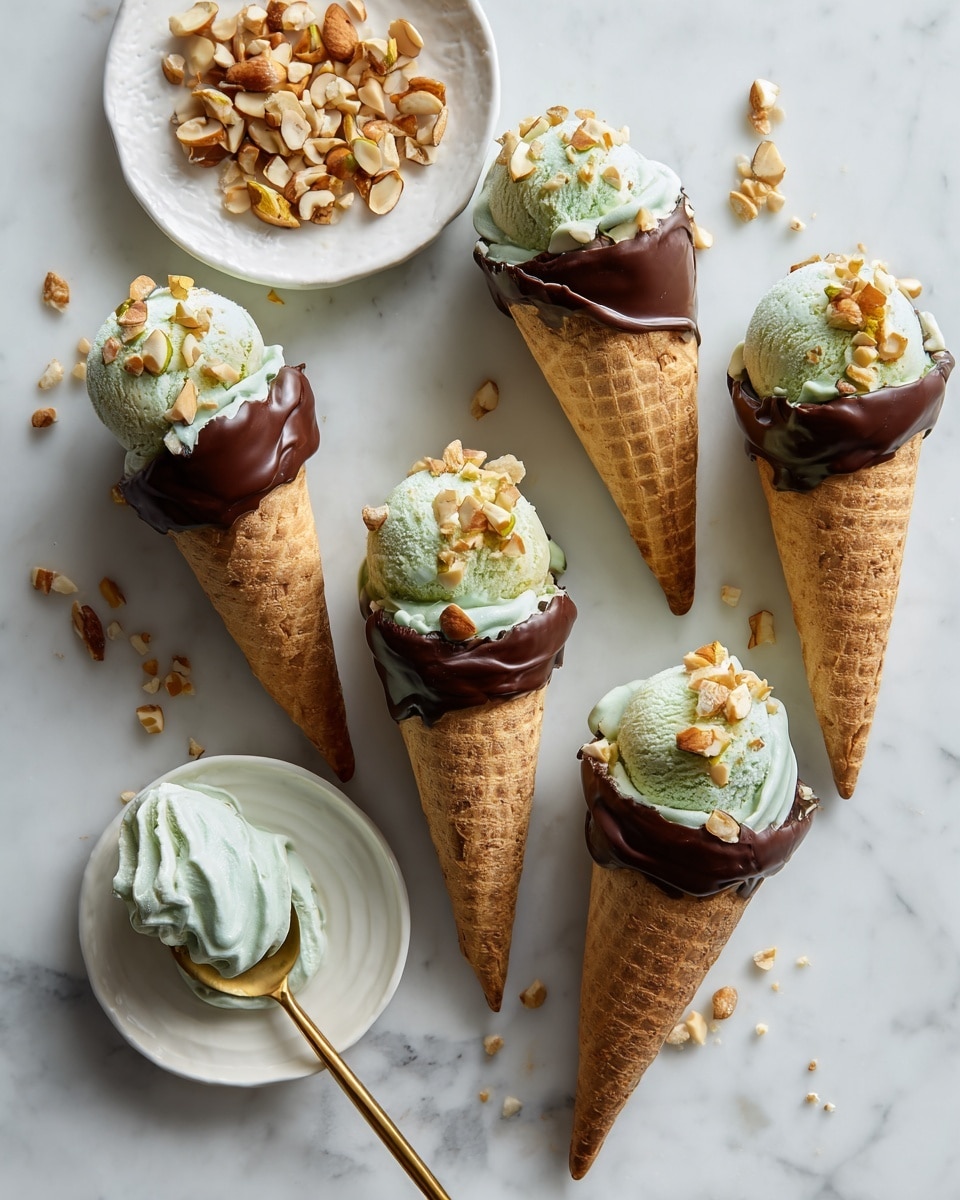 Five ice cream cones lie flat on a white marbled surface painted teal, each cone dipped halfway in dark brown chocolate. Each cone holds a scoop of light beige ice cream topped with dollops of green sauce and sprinkled with small pieces of chopped nuts. A white round dish on the left side holds more chopped nuts, and a golden spoon with some of the ice cream rests on the bottom right corner of the image. Photo taken with an iphone --ar 4:5 --v 7