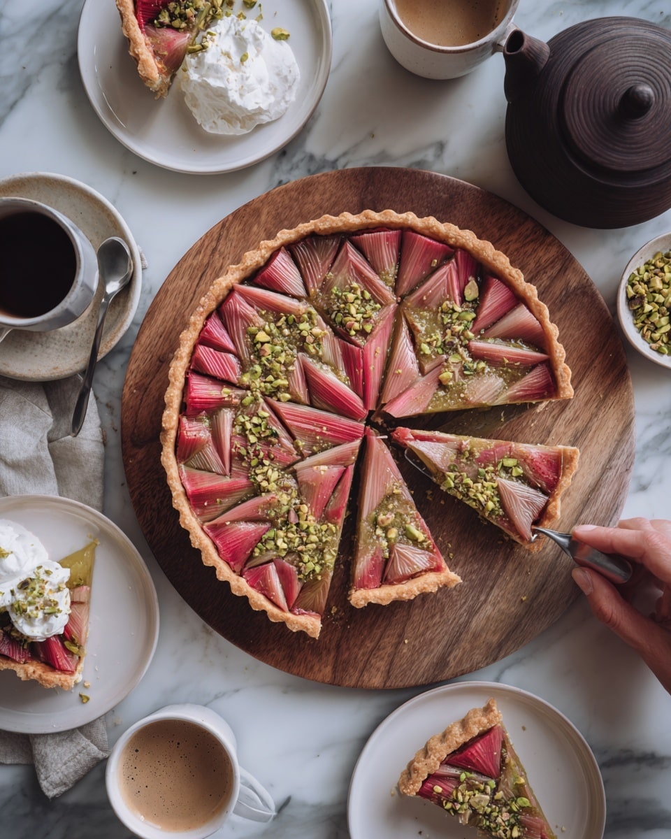 The image shows a round tart with a golden-brown crust. On top, the tart has a pattern of pink and light red rhubarb pieces arranged in neat, geometric shapes. Scattered on the surface are small green pistachio nuts. One slice of the tart is removed and placed on a white plate with a dollop of cream and more pistachios on top, while another slice is on a plain white plate with a fork beside it. A knife with remnants of the tart filling lies next to the tart. Surrounding the tart are two cups of tea in muted-colored cups and a dark, textured teapot sitting on a round wooden board. The background shows a white marbled surface. Photo taken with an iphone --ar 4:5 --v 7