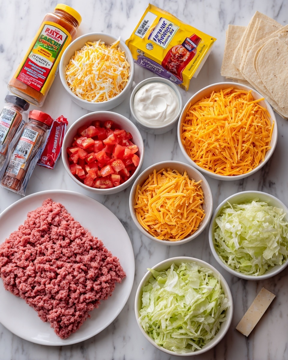 The image shows a white plate on a white marbled surface holding various ingredients for a taco meal. There is a rectangular mold of raw ground meat in bright pink at the bottom left, next to shredded pale yellow cheese in a small white bowl. Above the meat, shredded sharp orange cheese fills another small white bowl. At the center, chopped red tomatoes sit in a third white bowl. A mix of shredded light green lettuce is on the bottom right in a fourth white bowl. Surrounding these bowls, packets and jars of seasoning and sauces are placed, including a yellow taco seasoning box toward the center, a red jar of salsa at the top left, a tub of sour cream above the bowls, and a stick of cream cheese on the right. The whole setup is laid out in neat rows with a woman's hand just visible at the top corner. Photo taken with an iphone --ar 4:5 --v 7