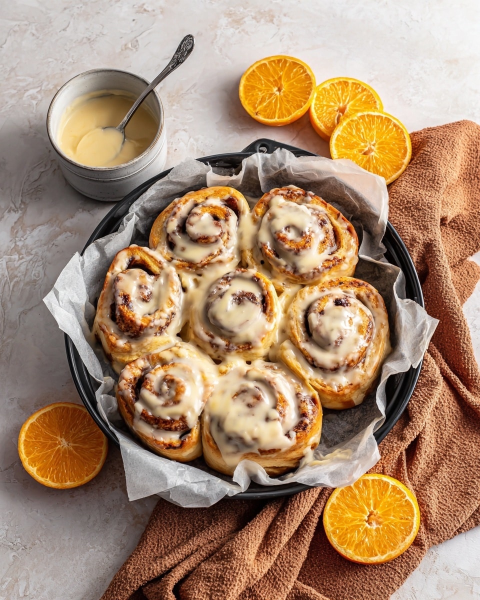 A black round pan lined with crumpled white parchment paper holds nine cinnamon rolls arranged in a circle with one in the middle, all topped with a smooth, light orange glaze that pools slightly in the spaces between the rolls. Around the pan on a white marbled surface are several bright orange slices showing juicy, textured fruit, a small white bowl filled with more light orange glaze with a silver spoon resting inside, and a folded brown textured cloth next to the pan. Photo taken with an iphone --ar 4:5 --v 7