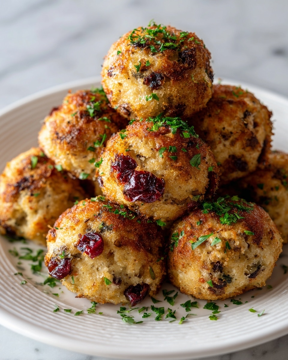 A white plate with a delicate embossed rim holds eight golden brown, rough-textured balls of stuffing. Each stuffing ball shows bits of green herbs, small dark red pieces, and lighter bread crumbs mixed throughout the uneven surface. Small green herb sprigs are scattered over and around the balls, adding a fresh color contrast. The plate rests on a soft white marbled surface, enhancing the warm tones of the stuffing balls. The lighting softly highlights the crispy outer texture and the inside bits. photo taken with an iphone --ar 4:5 --v 7