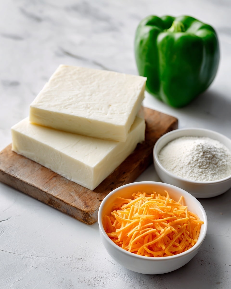 The image shows a white wooden board on a white marbled surface holding two thick slices of creamy white cheese with smooth texture and sharp edges. Below the board, slightly to the right, there is a small white bowl filled with fine white powder, likely flour or salt. To the left of the bowl is a whole bright green bell pepper with a shiny, smooth skin sitting on the white marbled surface. In the bottom right corner, a white bowl is filled with finely shredded orange cheese that has a soft and slightly fluffy texture. The colors are simple and clean, set against the white marbled background. photo taken with an iphone --ar 4:5 --v 7