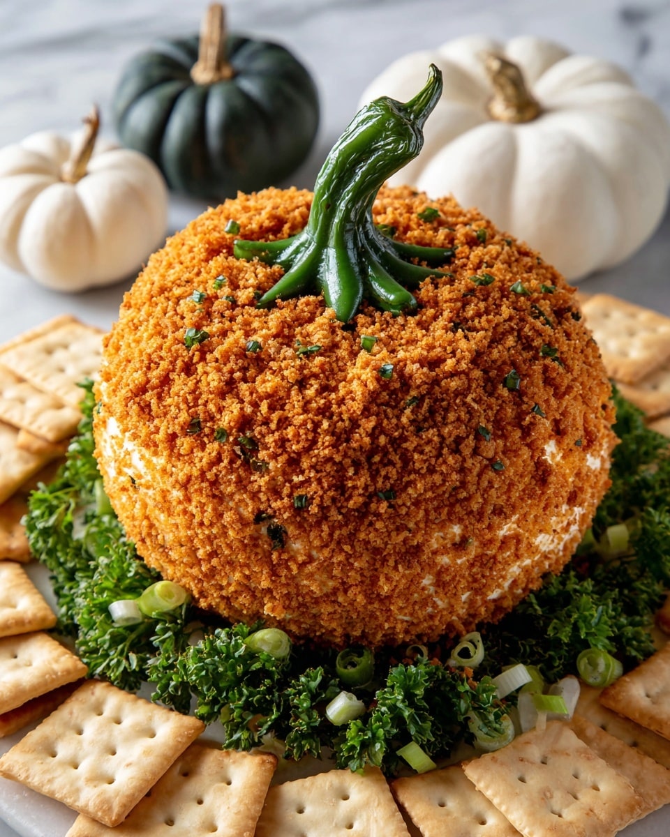 A round cheese ball shaped like a pumpkin with deep ridges is covered in a crumbly brown coating and topped with a bright green pepper stem in the center. The cheese ball has a creamy white inside with bits of green herbs visible. It sits on a dark wooden surface scattered with fresh green herbs including parsley, green onions, and thyme sprigs. Around the cheese ball are beige crackers and two small decorative pumpkins, one white and one dark green. The background is a white marbled texture. Photo taken with an iphone --ar 4:5 --v 7