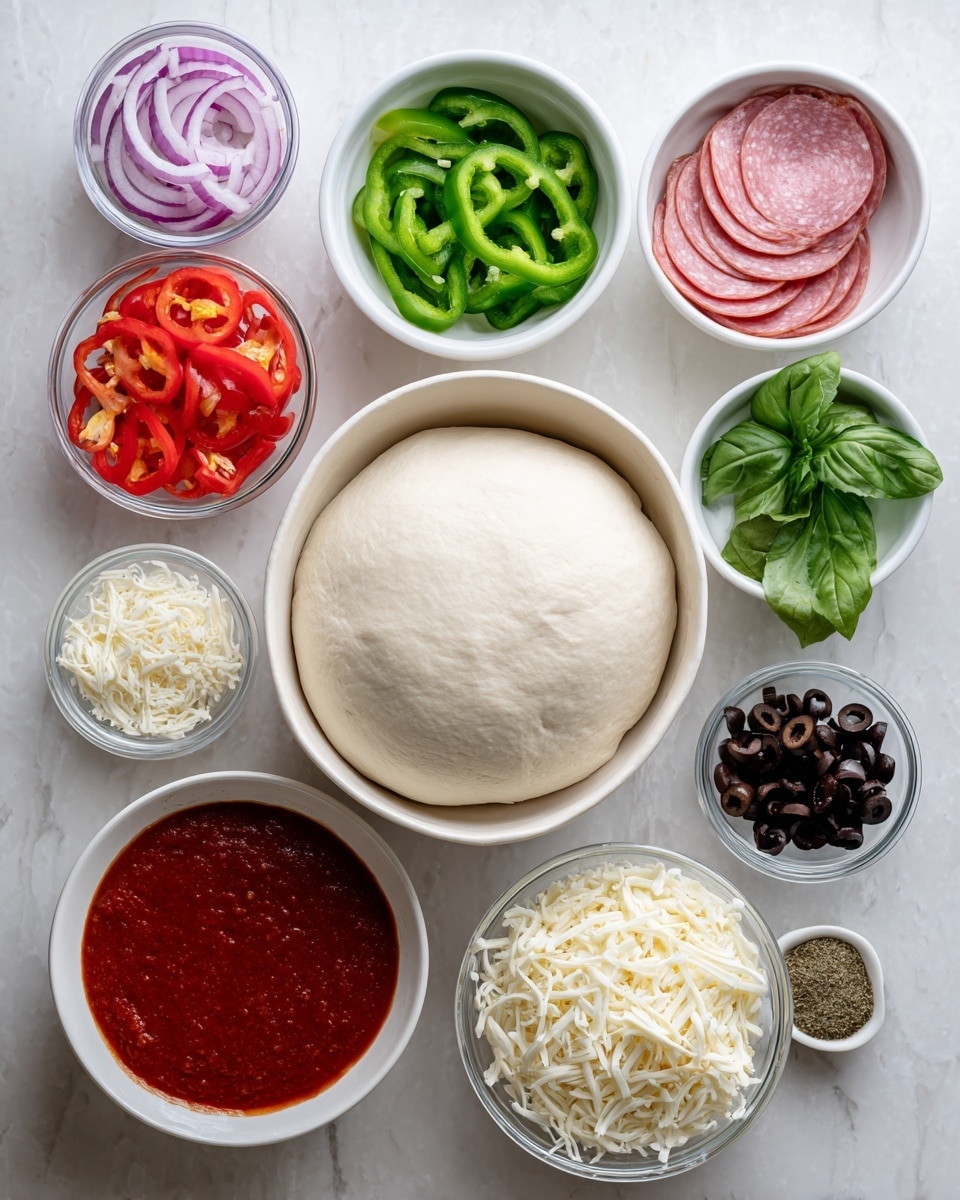 The image shows ingredients for making a pizza, all placed on a white marbled surface. In the center is a round bowl with smooth, risen dough inside. Surrounding it are different small white bowls and clear glass bowls filled with colorful toppings: bright red slices of bell pepper, purple rings of onion, bright green slices of green bell pepper, fresh green basil leaves, thin slices of pink ham, dark red rounds of pepperoni, black olive slices, a mound of white shredded mozzarella cheese, a small bowl of grated white cheese, and a bowl of rich red pizza sauce. The arrangement is clean and organized, with each bowl showing the texture and vivid color of the ingredients clearly. Photo taken with an iphone --ar 4:5 --v 7