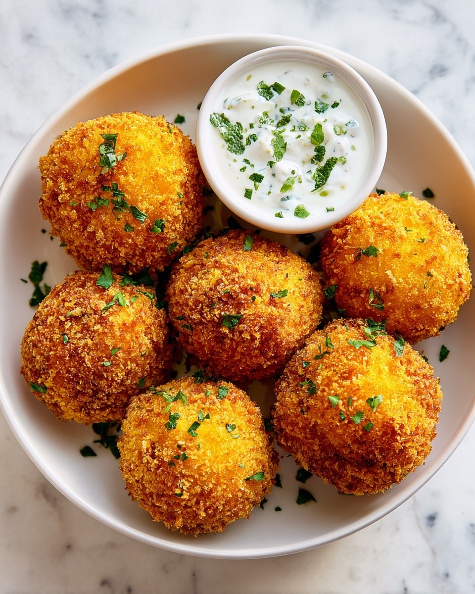 A white bowl filled with six golden brown, crispy croquettes arranged in a loose pile, showing their textured, crumb-coated surface with slight browning on top, placed over some fresh green herb leaves at the bottom. Nestled at the back of the bowl is a small white bowl with a creamy white sauce speckled with green herbs, adding contrast to the golden croquettes. The whole setup is on a white marbled surface that adds a clean and bright feel to the image. photo taken with an iphone --ar 4:5 --v 7