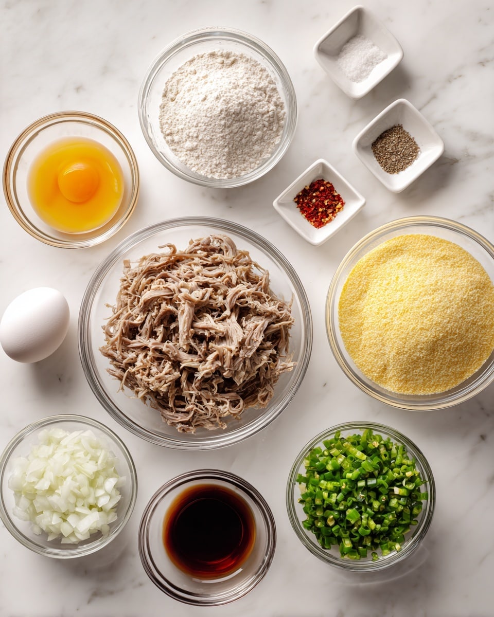 The image shows nine small glass and white dishes arranged on a white marbled surface. In the center is a round clear glass bowl filled with shredded light brown meat. Above it to the left is a clear glass bowl with white flour, and to the right is a clear glass bowl of yellow cornmeal. To the far right, a clear glass bowl holds finely chopped green peppers. Below and to the right of the center bowl is a small clear glass bowl with dark brown liquid. Below and slightly left of the center is a clear glass bowl with finely chopped white onions. To the left of the onions is an empty clear round glass bowl with one white egg, and above it a woman's hand holds a clear white measuring cup filled with orange liquid. Above and left of the center bowl, a small square white dish holds three piles of seasoning: black pepper, salt, and red chili flakes. The neat arrangement on the white marbled surface contrasts with the varied textures and colors of the ingredients photo taken with an iphone --ar 4:5 --v 7