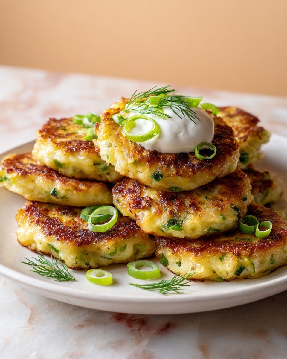 The image shows a close-up of three thick golden-brown patties stacked on a white plate, each with a crispy, textured surface dotted with herbs. The top patty has a dollop of white sour cream-like sauce garnished with thin green onion rings and sprinkled with dried dill. More patties are blurred in the background on a white marbled surface. The colors are warm with the patties' orange and brown tones standing out against the clean white plate and subtle green garnishes, photo taken with an iphone --ar 4:5 --v 7