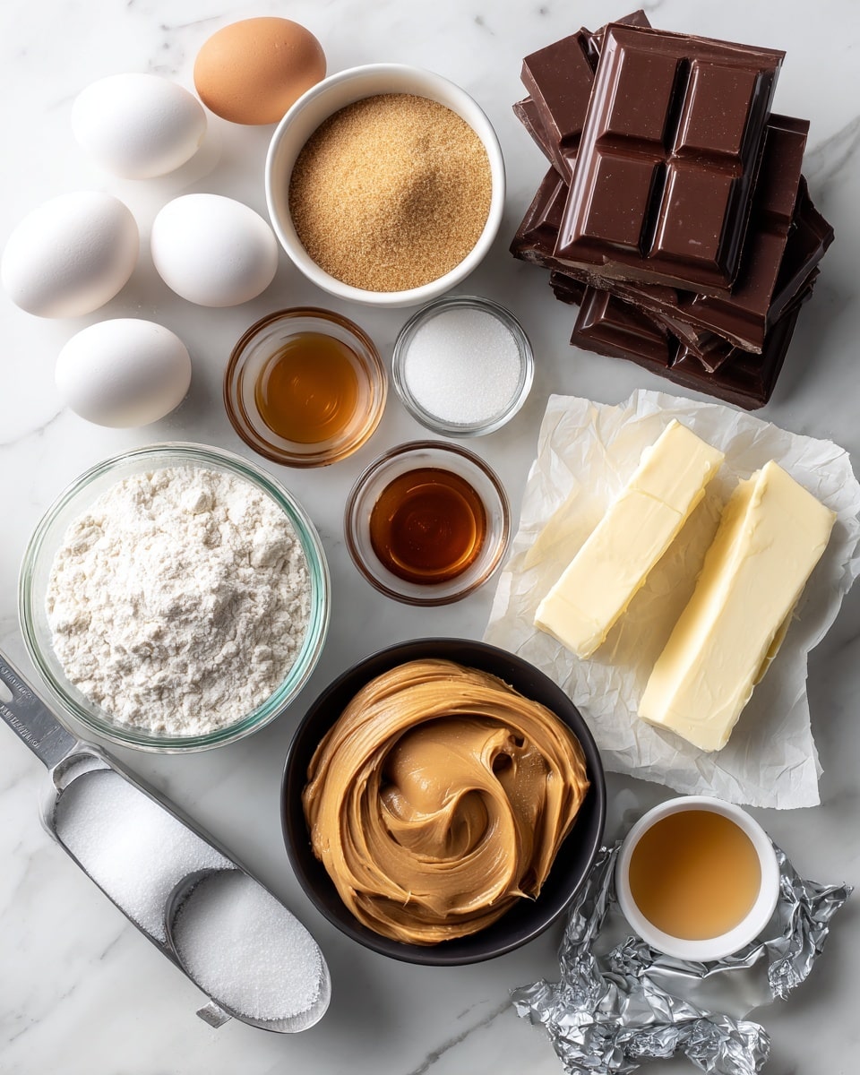 The image shows a flat lay of baking ingredients arranged neatly on a white marbled surface. There are three white eggs in a triangular shape on the left, with two more eggs placed near a small glass jar filled with white flour at the bottom left. Above the eggs, there is a metal scoop filled with light brown sugar, next to a small white bowl of granulated white sugar and stacked bars of dark chocolate that are dark brown and shiny. In the center, there is a black bowl containing swirled light brown peanut butter. To the right, there are two sticks of yellow butter on crumpled silver wrappers and a square of white cream cheese on a silver wrapper. There are also two small bowls with a light brown liquid, likely vanilla extract, positioned near the eggs and sugar. Lastly, a small white bowl with salt and a metal scoop with sugar are visible near the right side, creating a clean, organized arrangement of baking ingredients photo taken with an iphone --ar 4:5 --v 7