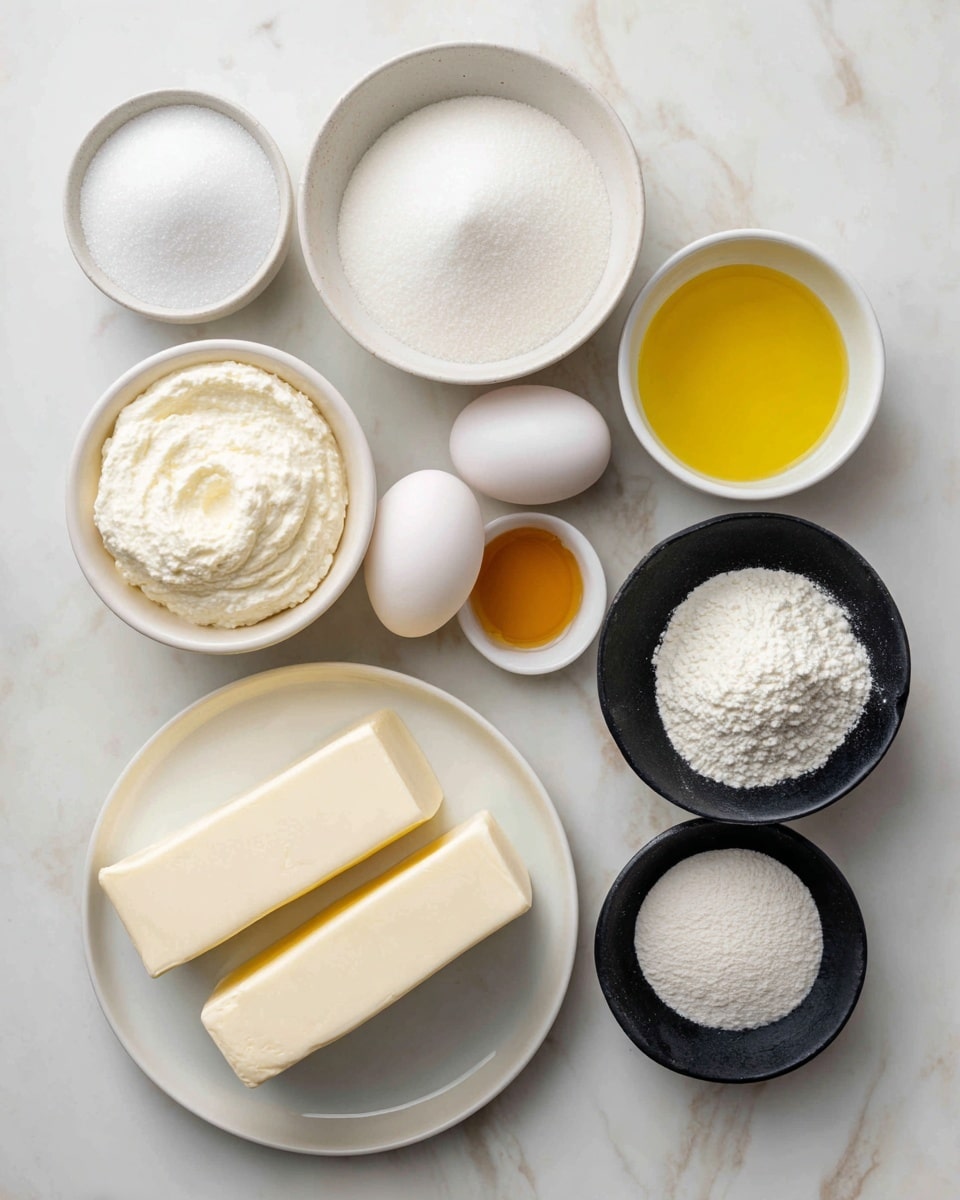 The image shows several small white bowls arranged on a white marbled surface. From left to right, the first bowl holds white granulated sugar with a smooth, fine texture. Below it, there is a bowl of creamy, off-white ricotta cheese with a soft texture. Next to the sugar bowl is a smaller bowl filled with bright yellow olive oil. Below this, a bowl contains two white eggs with a smooth shell. In the center, a white plate has two thick, rectangular blocks of smooth, white cream cheese placed one above the other. On the right side, there are three small black bowls stacked vertically, containing white powdery baking soda, white powdery baking powder, and fine white flour respectively. Beside them, a small white bowl contains a golden liquid vanilla extract, which looks glossy. All objects are evenly spaced and neatly arranged in a clear, well-lit setting, photo taken with an iphone --ar 4:5 --v 7