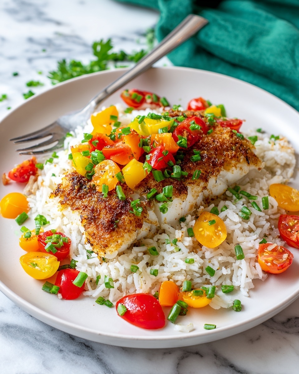 A thick, lightly seasoned grilled white fish piece sits centered on a bed of fluffy white rice scattered with small green chive pieces. On top of the fish is a colorful mix of small, diced red, yellow, and orange tomatoes, also sprinkled with chopped green chives. A few pieces of diced tomatoes and chives are placed around the rice on the edge of the white plate. The background shows a white marbled texture with blurred green onions and some more tomatoes in the distance. photo taken with an iphone --ar 4:5 --v 7