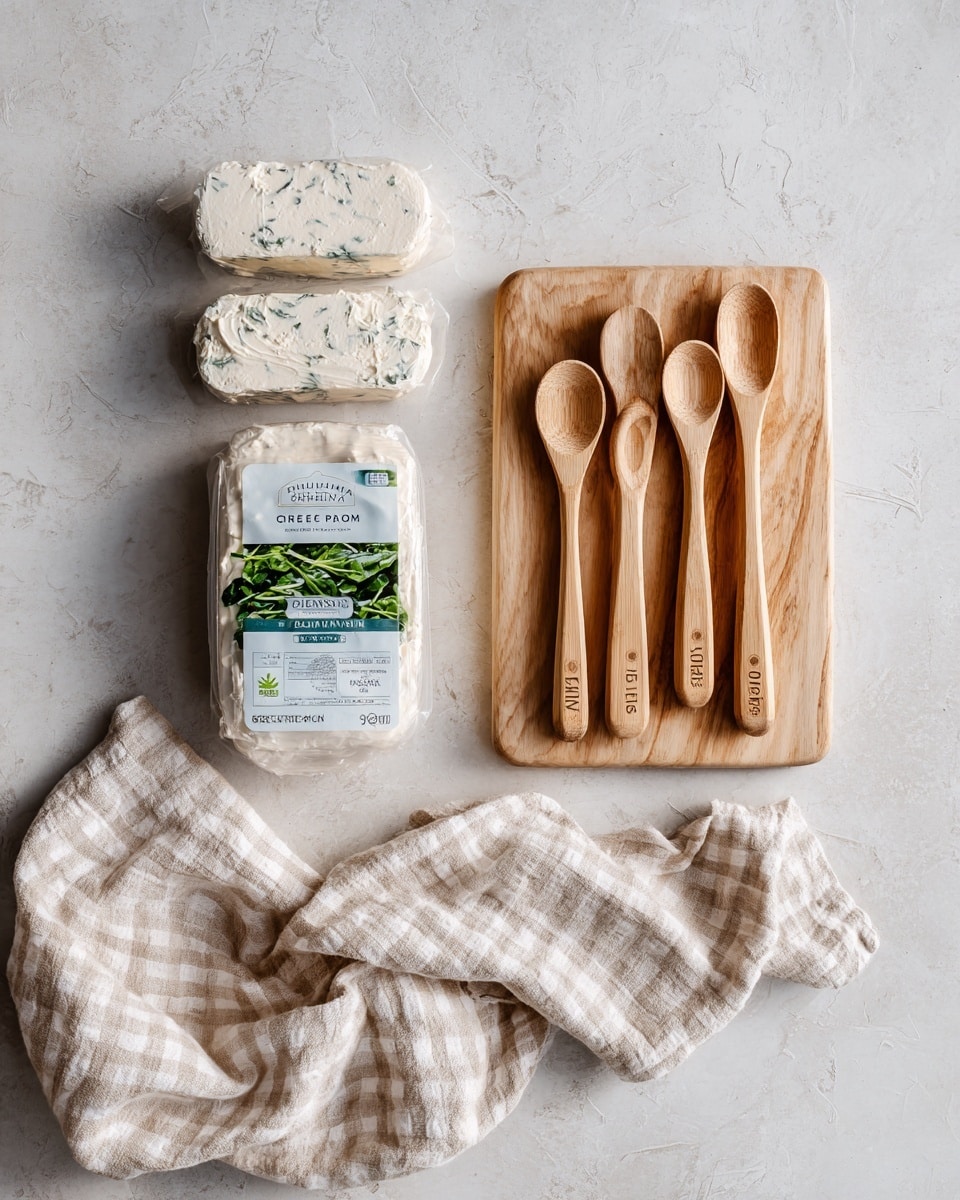 The image shows a white marbled surface with a package of Philadelphia cream cheese, a bag of frozen chopped spinach, a container of feta cheese, and a pack of puff pastry sheets arranged in the top left area. To the right, five wooden measuring spoons with different teaspoons and tablespoons sizes are lined up on a light wooden board. A light beige and white checkered cloth is casually spread on the lower right corner of the surface. Photo taken with an iphone --ar 4:5 --v 7