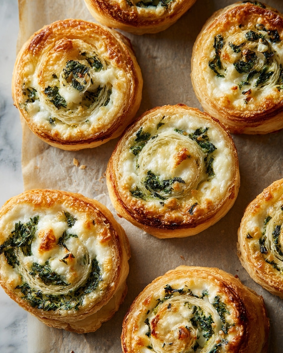 The image shows a baking tray filled with several spiral-shaped puff pastry pinwheels arranged in rows. Each pinwheel has a golden-brown outer layer that’s flaky and crispy, with visible layers of pastry dough. The inside swirl reveals a creamy white filling mixed with chopped green spinach and small bits of cheese or herb, creating a textured look with green and white colors. The tray is lined with parchment paper, and the background surface features a white marbled texture. photo taken with an iphone --ar 4:5 --v 7