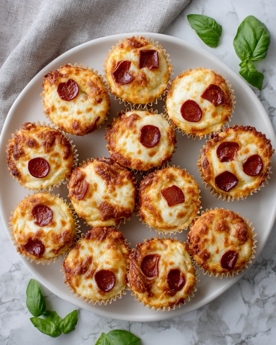 A white round plate holds twelve mini pizza muffins arranged close together. Each muffin has a golden brown top layer of melted cheese with a slightly crisped edge. A few of the muffins also show small, round pepperoni pieces scattered on top. The muffins sit in light brown paper liners with crinkled edges. The background is a white marbled surface with a soft gray cloth partially visible near the plate edge and some green basil leaves around the plate. Photo taken with an iphone --ar 4:5 --v 7