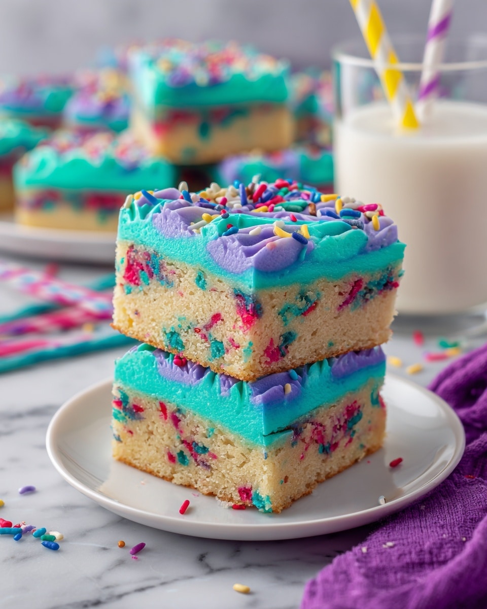 A stack of two square cake pieces sits on a white plate on a white marbled surface. Each cake piece has two layers: a thick bottom layer of light beige cake with colorful red, blue, and green sprinkles mixed inside, and a top layer of creamy blue and light purple frosting spread thickly with visible swirls. The frosting is decorated with small round and rod-shaped multicolored sprinkles in purple, yellow, green, blue, and pink. The background is softly blurred with more cake pieces and a glass bottle with a yellow and white striped straw. A purple and white striped cloth is partially visible to the right. Photo taken with an iphone --ar 4:5 --v 7