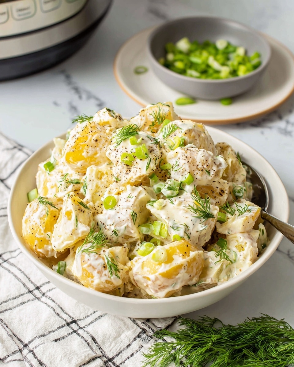 A white bowl filled with creamy potato salad made of roughly chopped yellow potatoes coated in a thick white dressing. The salad is garnished with bright green slices of scallion and small sprigs of dill. A silver spoon rests inside the bowl on the right side. In the background, there is a blue plate with a small white bowl on top, holding more chopped green scallions. The surface underneath is a white marbled texture with a small green dill sprig near the front. The image also shows part of a stainless steel Instant Pot on the top left. photo taken with an iphone --ar 4:5 --v 7